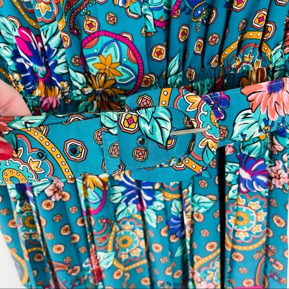 Vintage green purple floral 80s pleated belted button boho office midi dress 12 - Picture 8 of 9